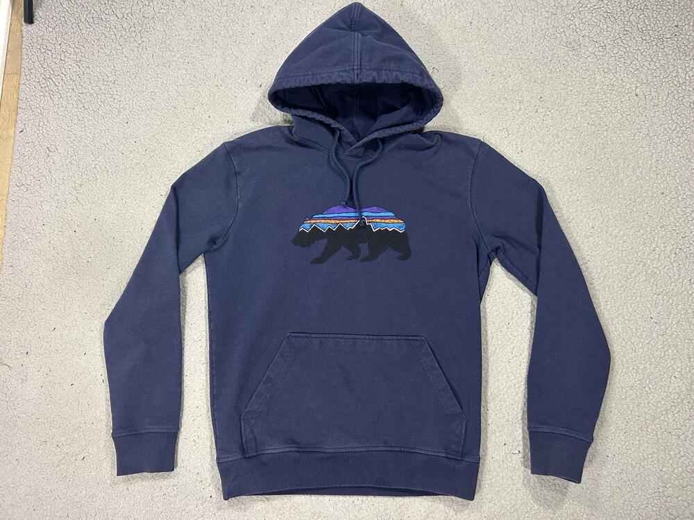 Patagonia Hoodie Mens Small Blue Uprisal Bear Logo Graphic Pullover Fleece